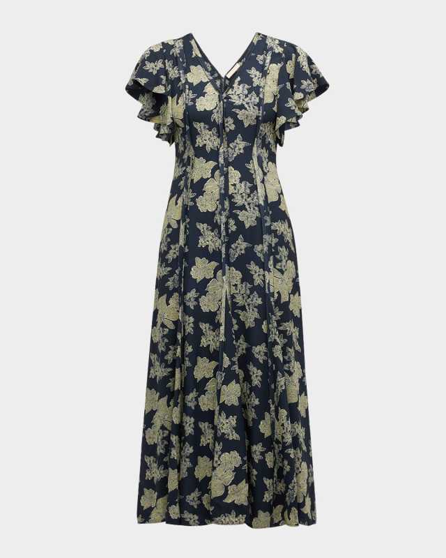 Evette Seamed Floral-Print Midi Dress